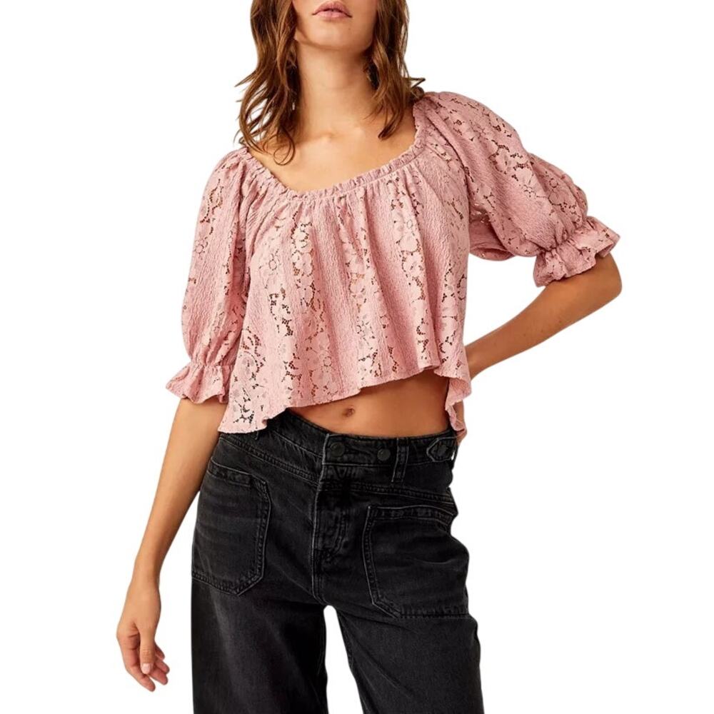 NWT Free People Ethereal Boho Pink Convertible Lace Crop Top Ruffled Cuff XS